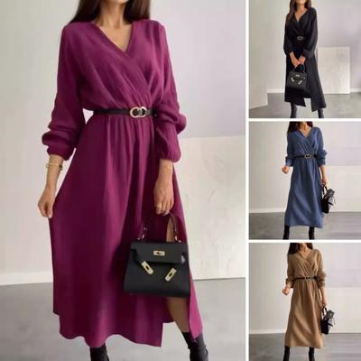 Fall Spring Women Dress V Neck Long Sleeves High Waist Split Hem Loose Solid Color OL Commuting Dating Maxi Dress