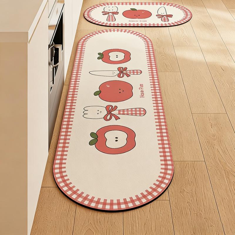 Kitchen Carpet PVC Waterproof Leather Non-slip Oil-proof Floor Mat Korean Style Red Apple Minimalist Long Strip Rug Home Decor