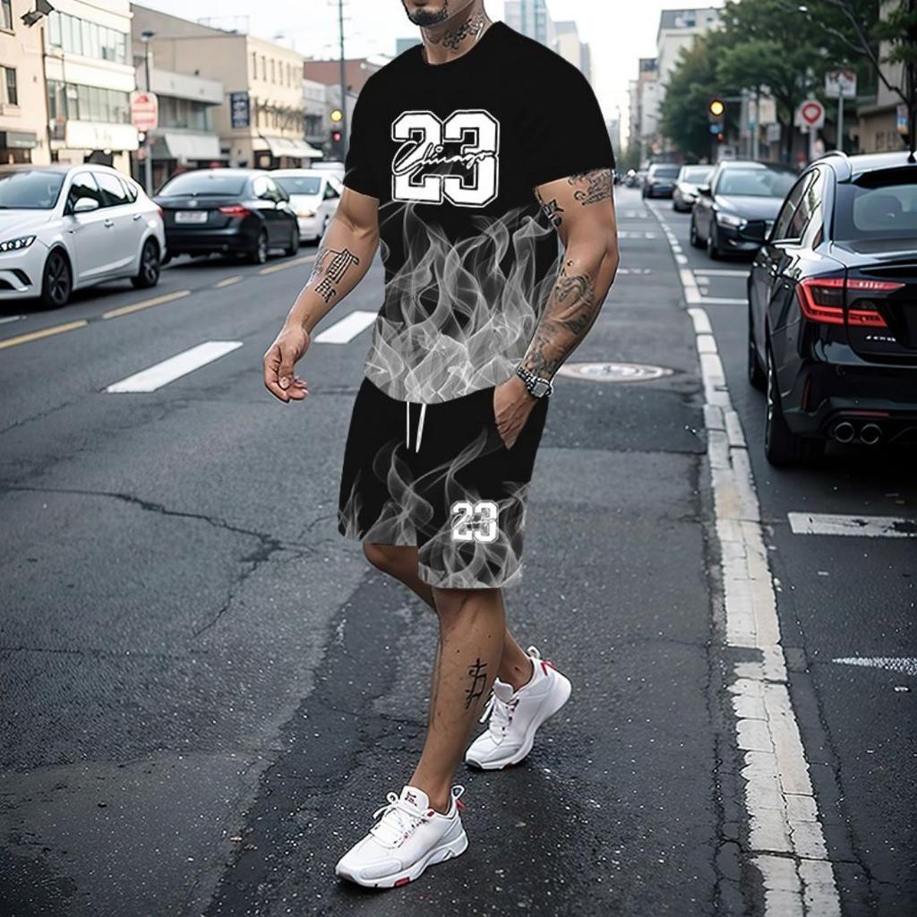 Men's T-shirt Set Summer Fashion Creative 3D Printed Pattern Size 23 Printed Shorts Short Sleeved Combination Casual Two-piece S