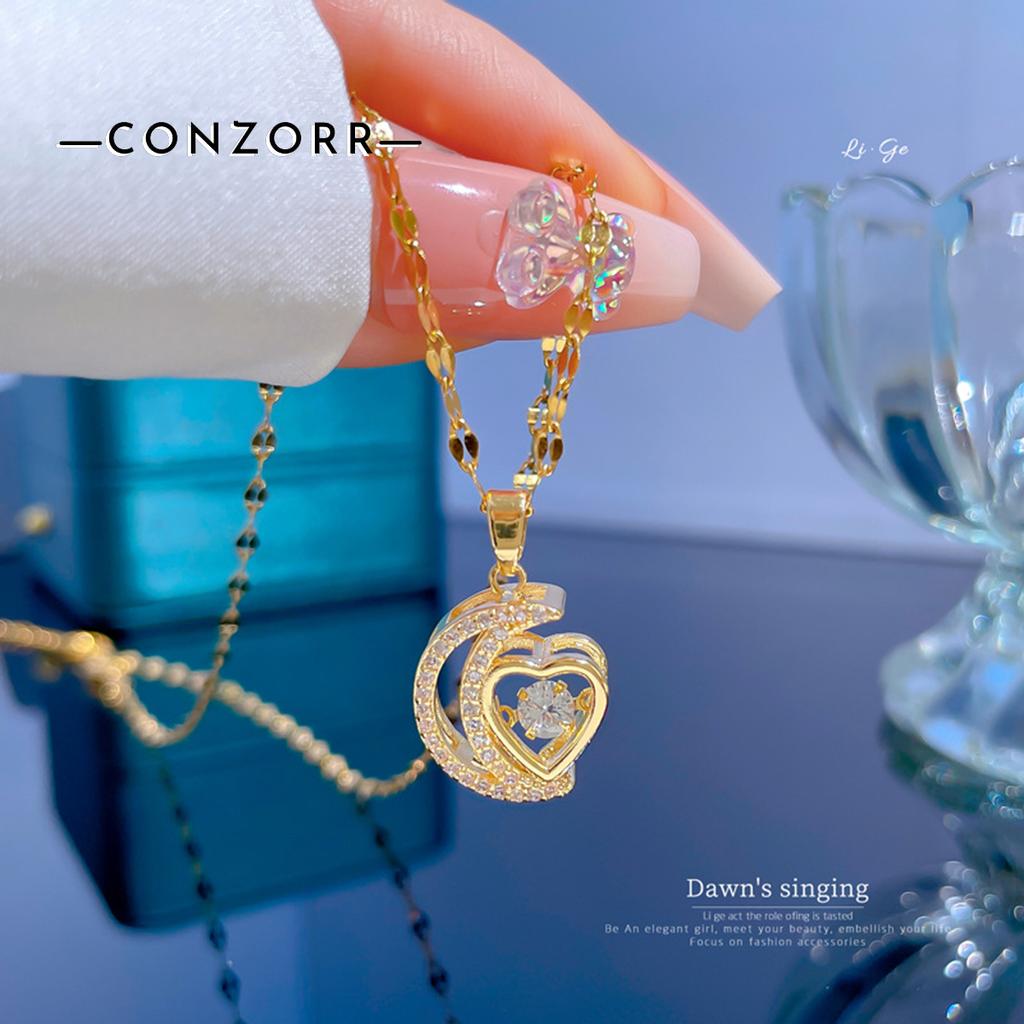 Necklaces Exquisite Moon Love Dynamic Micro Inlaid Lucky Clavicle Chain Accessories Moon & Heart Pendant