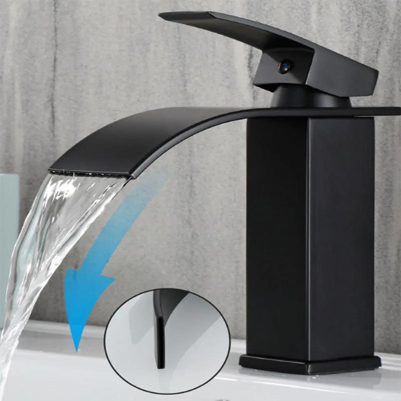 Black Stainless Steel Basin Faucet Waterfall High Style Wash And Cold Mixer Faucets Sink Faucets Countertop Installation