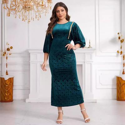 Samt Geprägt Perlen Laternenärmel Slim Fit Kleid