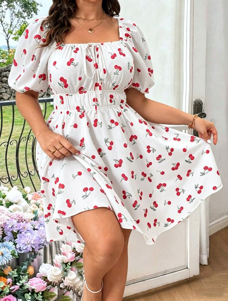 Print Dress Short Sleeve Cherry Print Large Size Dress