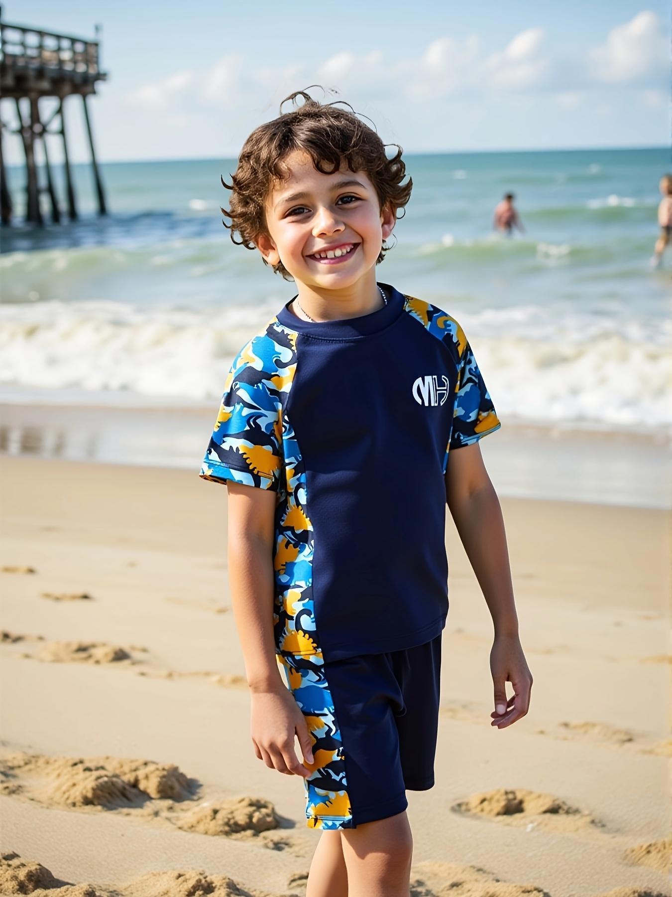 Kids Boys Swimwear Set Short Sleeve Dinosaur Print Swim Trunks Summer Outfit 1-2Y тёмно-синий