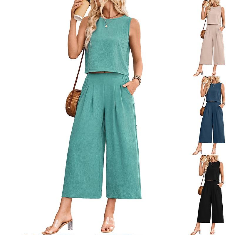 Women Summer Casual Sleeveless Vest Wide Leg Cropped Pants Two Piece Set