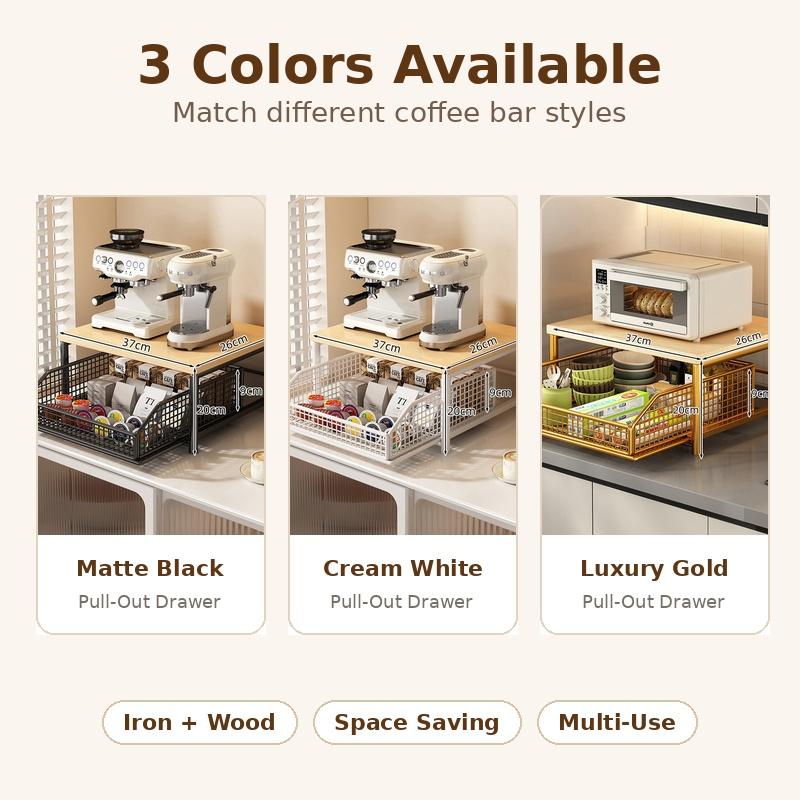 Estante de Almacenamiento para Cafetera Cajón Extraíble Organizador Estante de Encimera de Hierro y Madera para Bolsitas de Té Cápsulas de Café Tazas Snacks Cocina