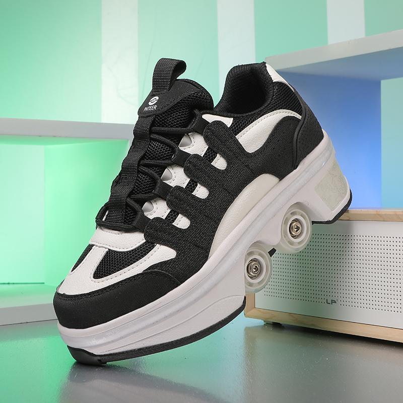 

Модные женские кроссовки на роликах с высоким верхом и 4 колесами, автоматические выдвижные кроссовки унисекс на колесиках, двухцелевые коньки, повседневная обувь 43 Foot length26.5cm