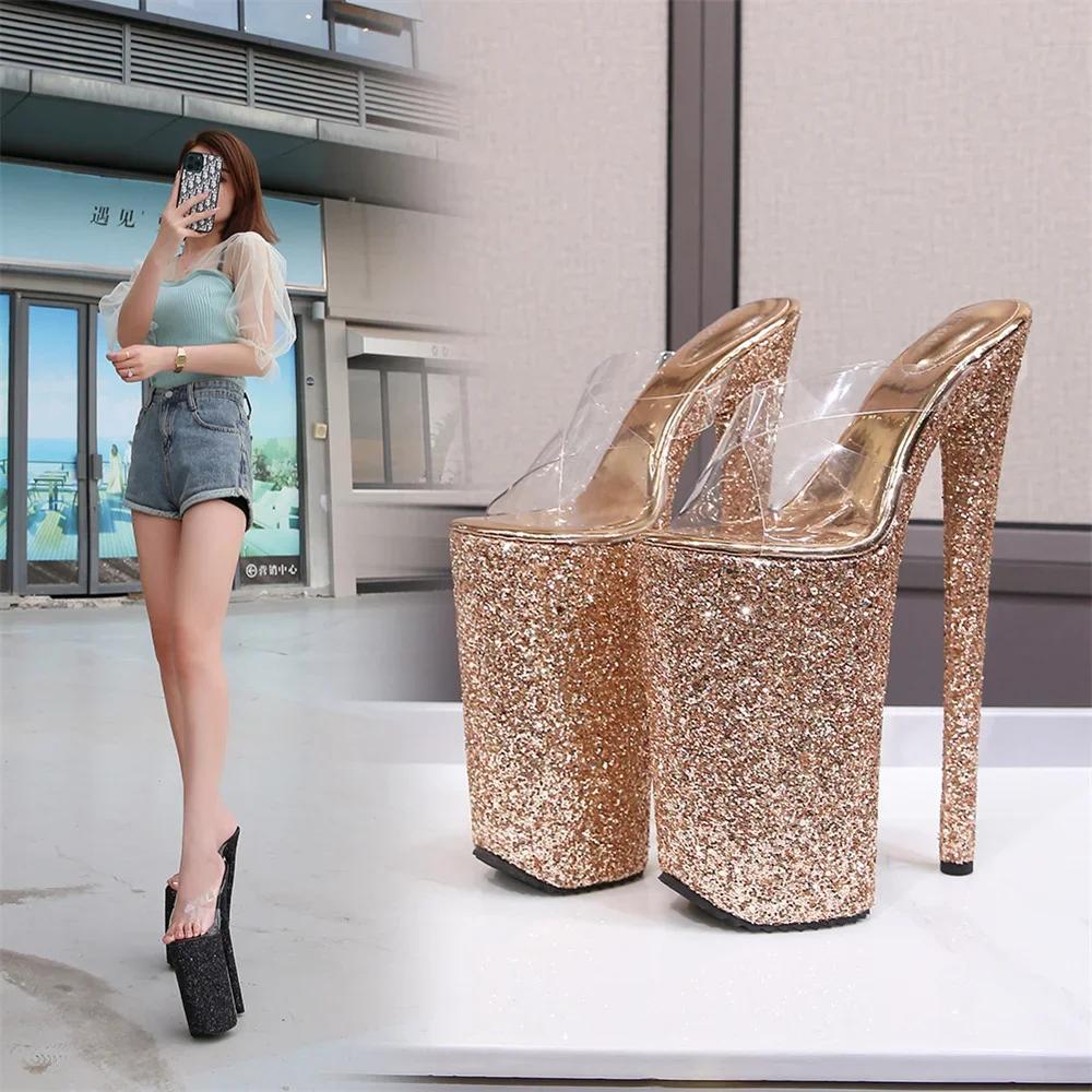 Fashion Fashion Models Transparent Sexy Slippers 2024 Summer New Women Sequins Platform High Heels Shoes 26CM Stilettos Sandals Ladies