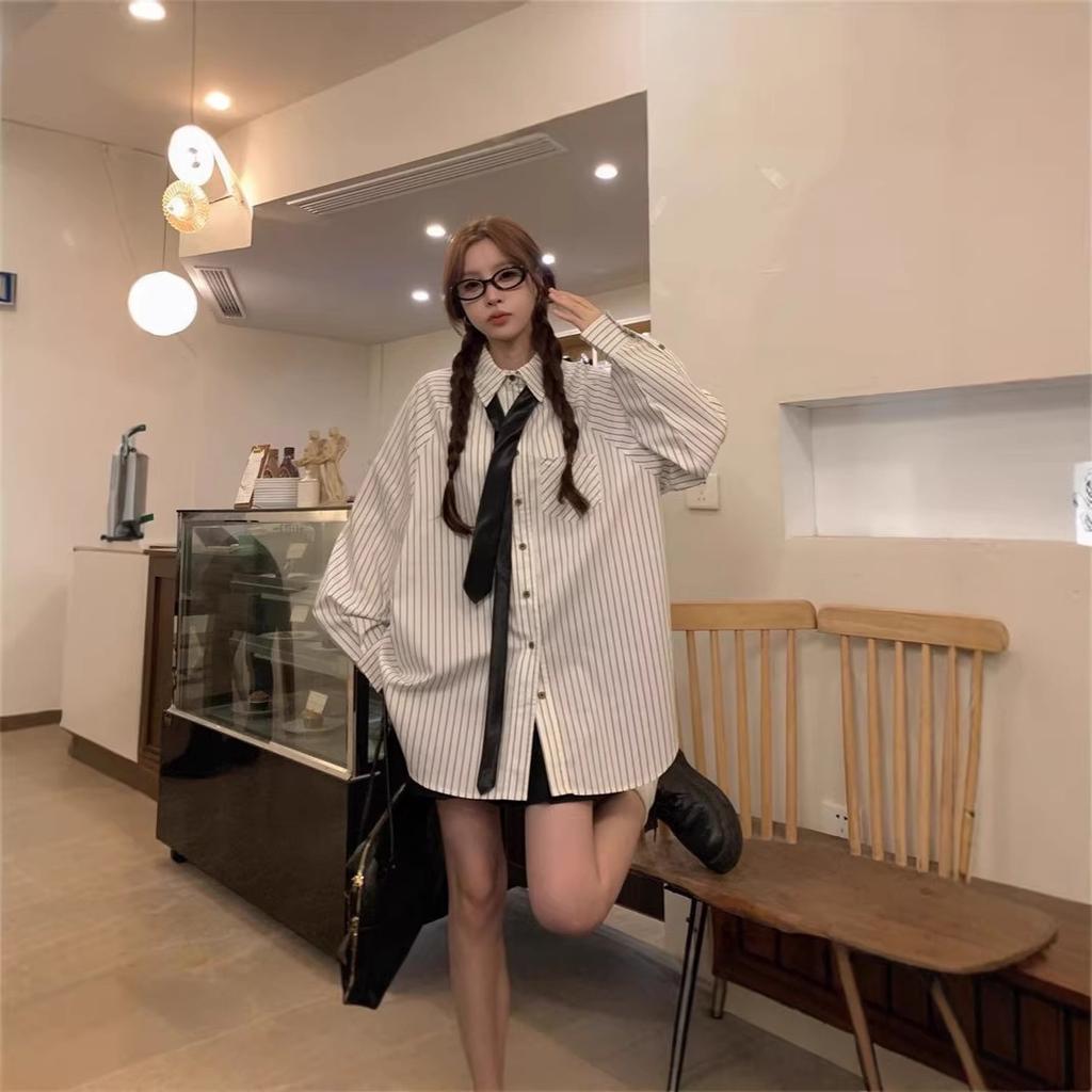 Women's Vintage Preppy Striped Button Down Shirt Long Sleeve Loose Casual Blouse With Matching Tie Japanese College Style Top For Fall Daily Outfits