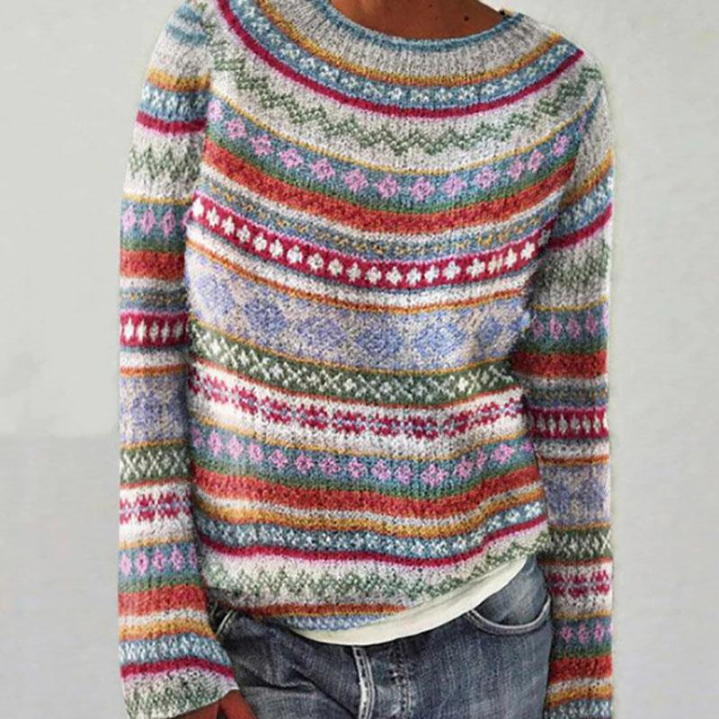 Geometric Print Sweater Women Acrylic Knit Pullover Color Block Fashion Top Loose Fit Round Neck Long Sleeve Casual Comfortable Wear