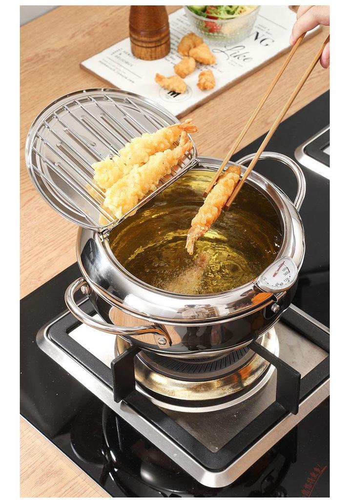 304 Stainless Steel Tempura Frying Pot with Double-Bottom, Oil-Saving, Temperature Control, and Thermometer for Gas and Induction Cookers