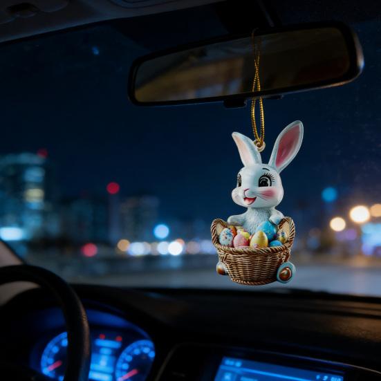 Easter Bunny Ornament 2D Flat Acrylic Bunny Car Rearview Mirror Charm Cartoon Bunny Egg Hanging Pendant for Home Car Window Backpack Holiday Decor