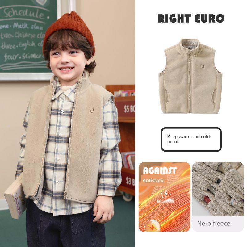Boys  Fleece Vest Winter Clothing, Thickened and Lined, Autumn and Winter 2025 New Style, Baby Winter Warm Vest Khaki 110