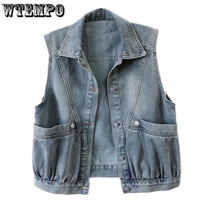Retro Women's Blue Denim Vest Short Style Spring and Autumn Large Pocket Sleeveless Vest Jacket