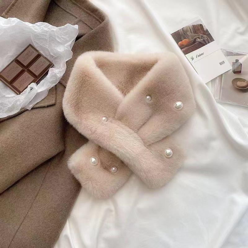 Women's Korean Style Imitation Rex Rabbit Fur Scarf - Versatile Autumn & Winter Thick Warm Pearl Cross Neck Warmer.