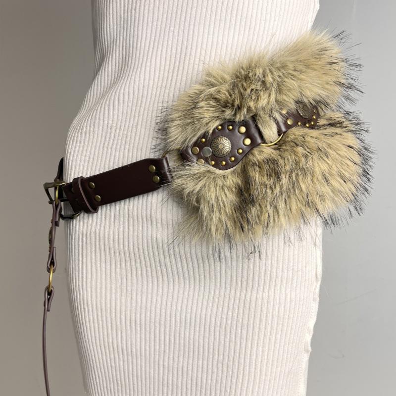 Sparkly Rhinestone Faux Fur Patchwork Waist Belt with Pin Buckle - Y2K Leather Eyelet Design