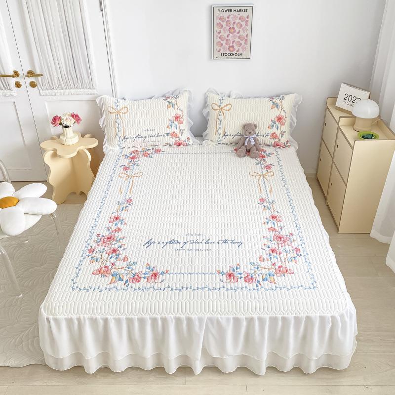 Παχύ στρώμα ύπνου από λάτεξ, σετ τριών τεμαχίων με βολάν κρεβατιού, μικρό φρέσκο, υψηλής ποιότητας δαντέλα σιφόν, πλένεται και διπλώνεται.