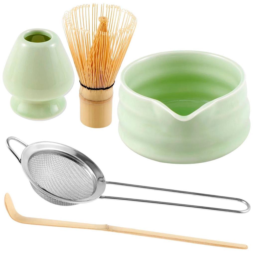 סט מטרפות מאצ'ה קערת מאצ'ה קרמית עם פתח מזיגה מטרפת במבוק למאצ'ה מסננת נירוסטה מחזיק מטרפה קרמי כף במבוק