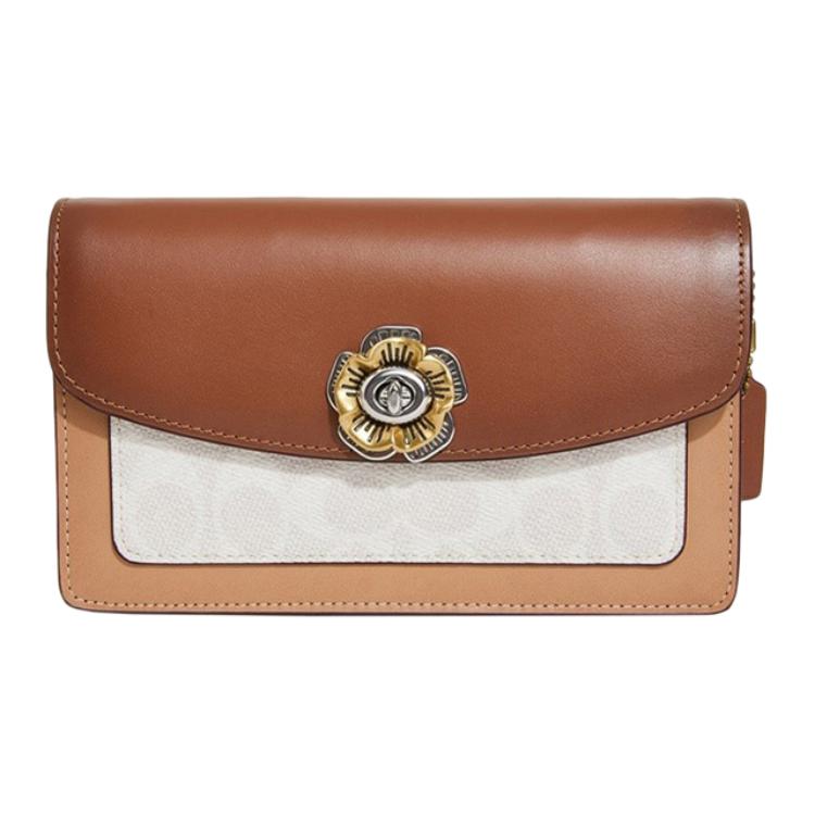 New COACH Parker Coated Canvas With Refined Calfskin Shoulder Bag, Crossbody Bag Small Women's Brown Monogram 1680-B4R7F