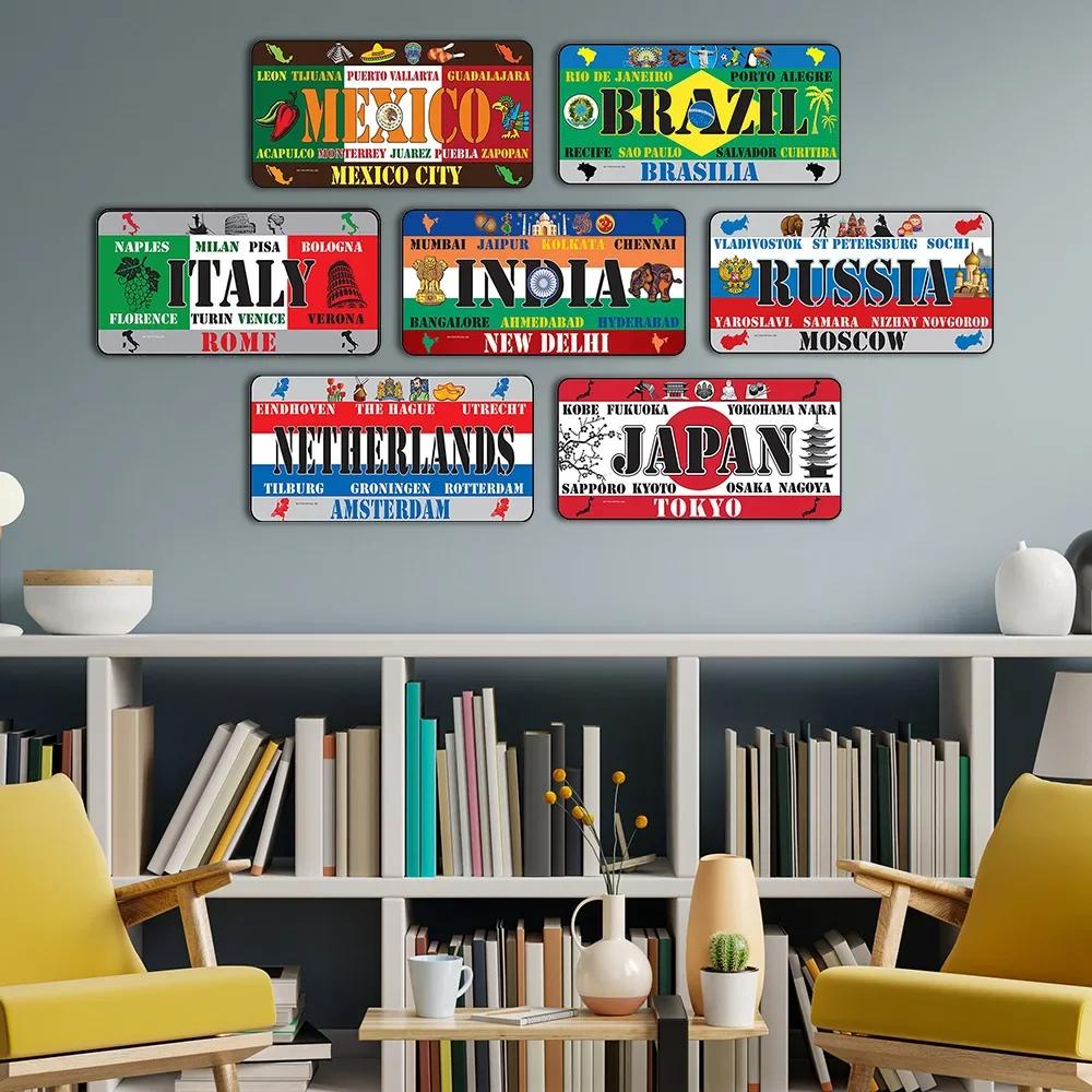 National Flag Metal Tin Sign Vintage Poster France Spain USA License Plate for Bar Home Restaurant Wall Decor 15x30cm