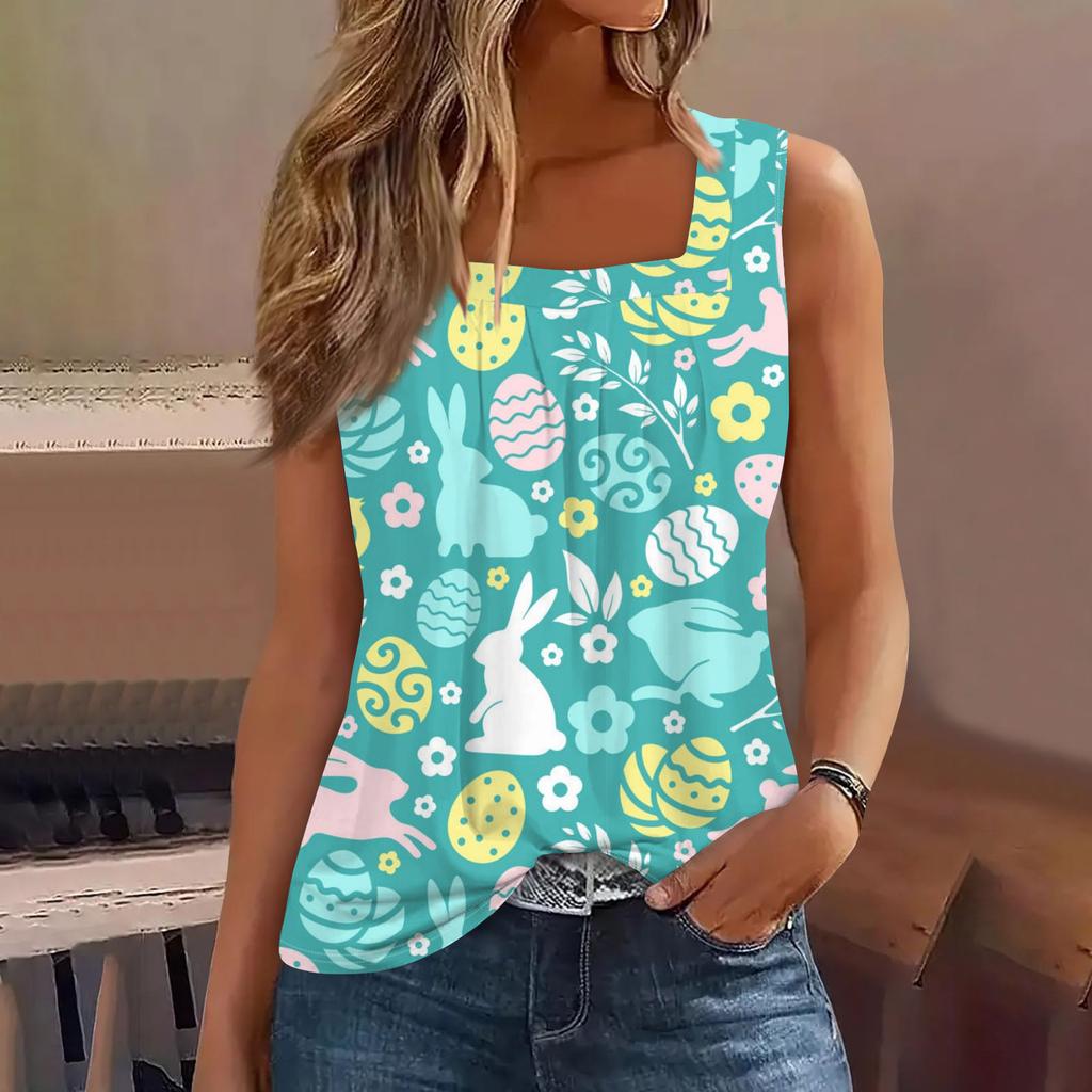 Women's Fashion Sexy Pleated Square Neck Easter Print Sleeveless Vest Top