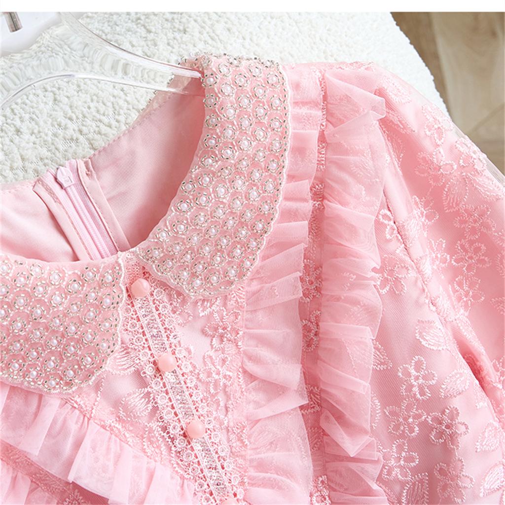 Women's Peter Pan Collar Lace Embroidery Midi Dress Luxury Beaded Crystal Costumes Ruffled Splice Button Front Slim A‑Line Dress