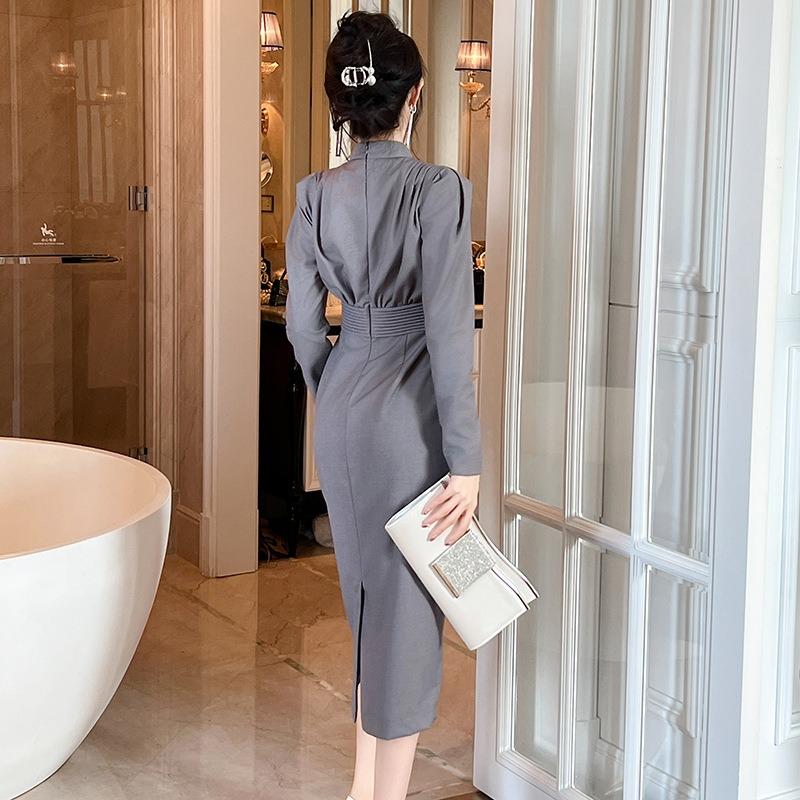 Women's Professional Dress Vintage Crew-neck Pleated Fanny Pack Hip Commuter Dress