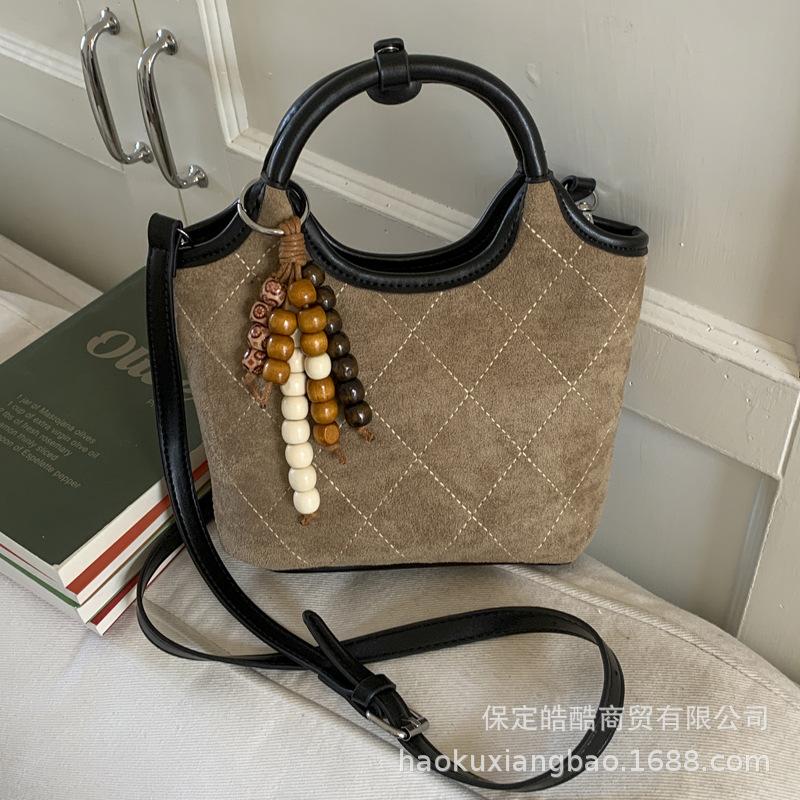 Rhombus hand bag women's 2025 new autumn and winter popular high-end suede shoulder bag crossbody bucket bag