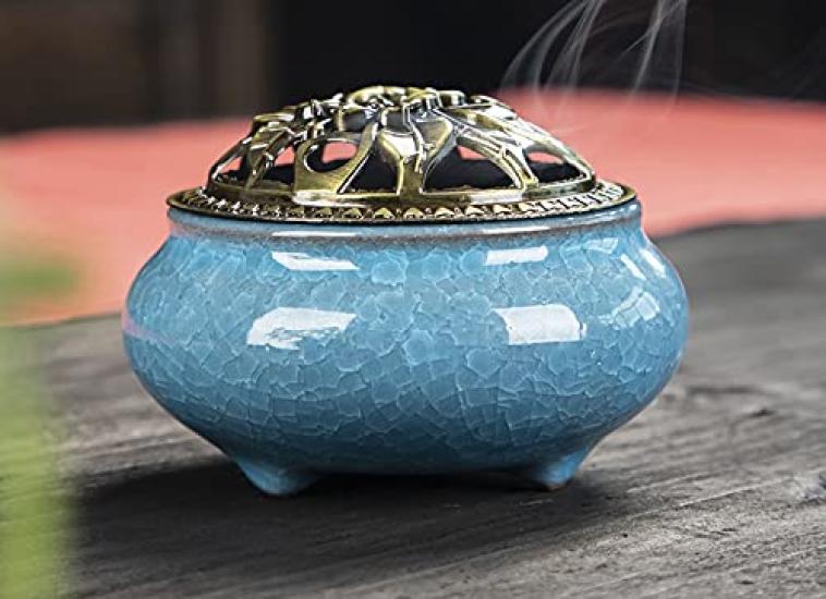 (pont du monde) Ceramic Incense Burner, Incense Stick Holder, Aromatherapy, Stylish, with Lid (Light Blue)