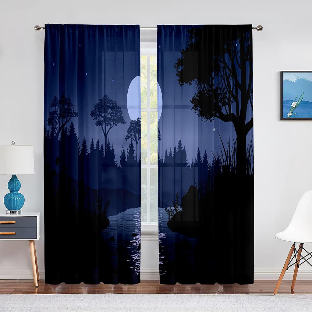 Night Sky Moon Stars and Forest Lake Sheer Voile Curtains for Bedroom Living Room Kitchen Tulle Curtains Chiffon Window Drapes