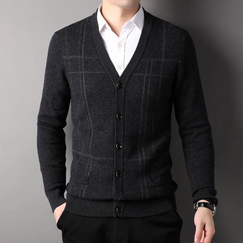 Fengxun Men's 100% Wool V-Neck Cardigan Sweater