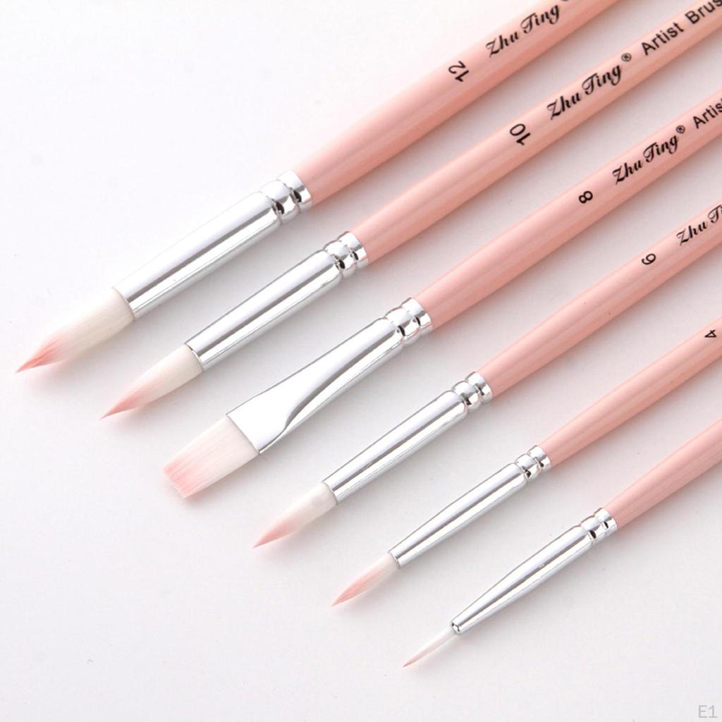 6 Brushes, Round Pointed Tip, Soft Nylon Wood Handle for Hair, Professional Brush