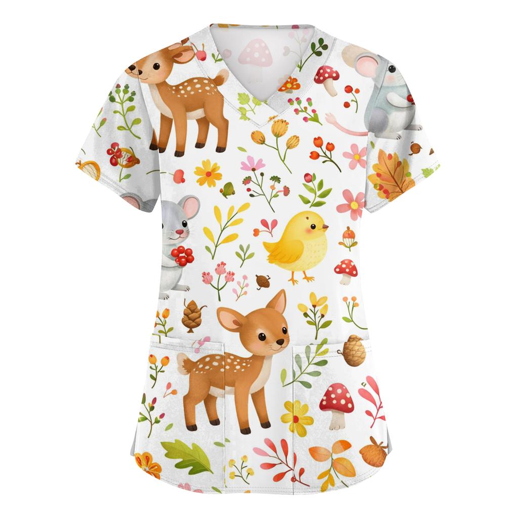 Women's Casual Short-Sleeve Cute Animal Print V-Neck Pocket Workwear Top