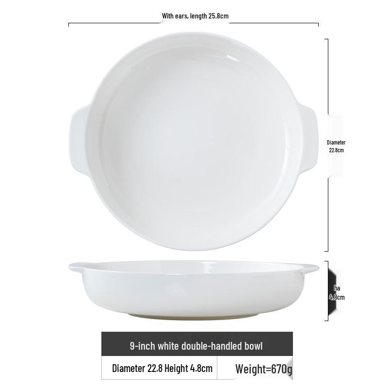Double-Handle White Bone China Deep Plate - Anti-Scald Ceramic Bowl for Soup & Vegetables
