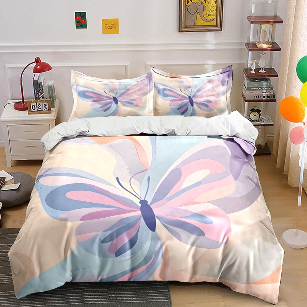 3Pcs Pastel Abstract Butterfly Bedding Set,Soft Watercolor Butterfly In Blue,Pink and Purple Print Duvet Cover + 2 Pillowcases