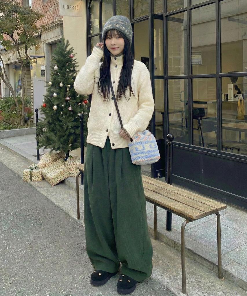 MOZMOZ Colorful Corduroy String Wide Pants Green