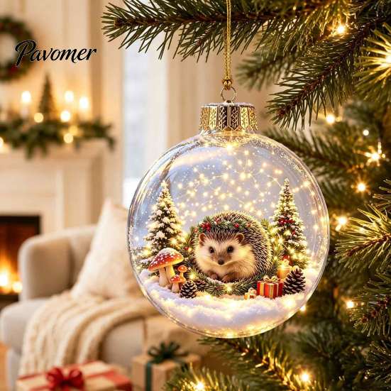 Seasonal Home Decor Ornaments 3D Christmas Animal Faux Crystal Ball Ornament, Lighted Acrylic Hanging Unique Holiday Gift Souvenirs with Hedgehog