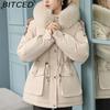 BITCED Women's Fleece-Lined Thickened Puffer Coat - Short Winter Style with Large Fur Collar, Slim-Fit and Flattering Cotton-Blend Outerwear