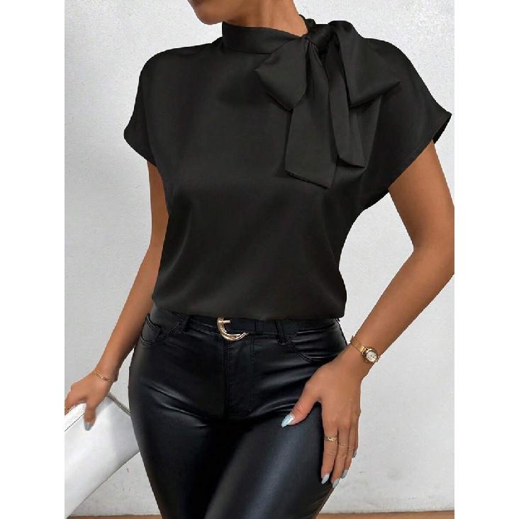 New satin shirt for women 2026 summer short-sleeve bow top women s clothing S чёрный