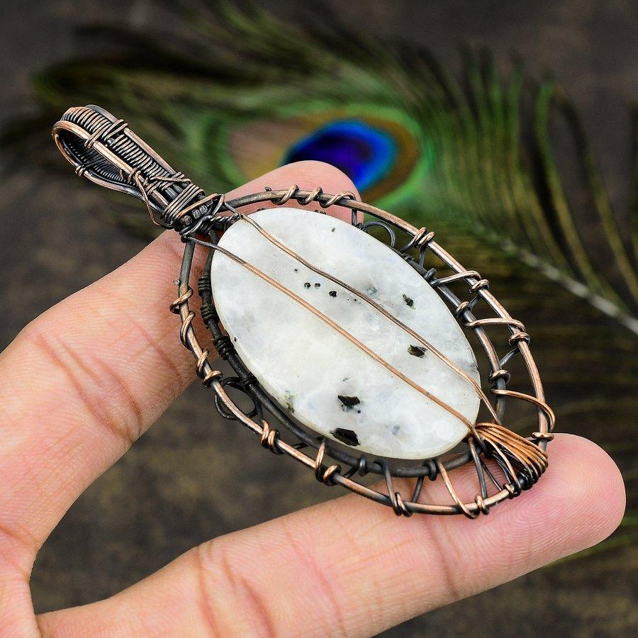 Rainbow Moonstone Gemstone Copper Wire Wrap Jewelry Pendant 3.35"