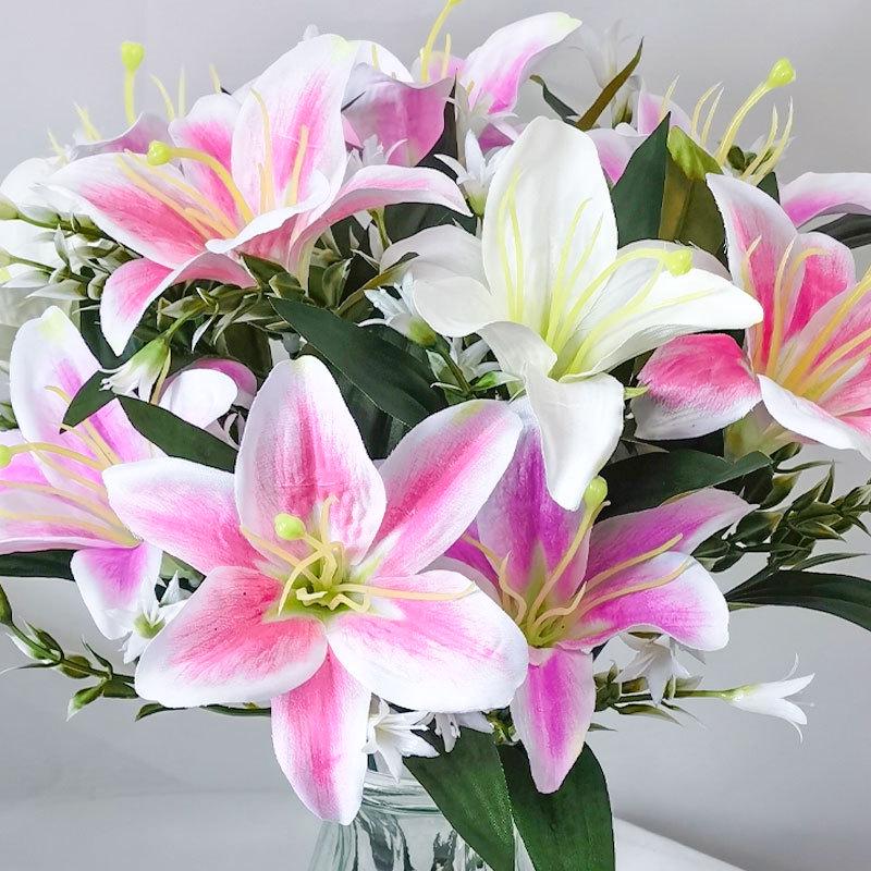 Lily and Baby's Breath Artificial Bouquet - Decorative Faux Flowers Arrangement