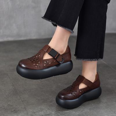 Scarpe da donna in vera pelle a punta tonda con suola spessa, sandali con plateau traforati traspiranti versatili retrò