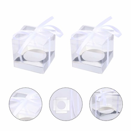 Cabilock 24-Piece Mini Cake Box, Clear Plastic Cookie Muffin Dome Box with Moon Cake Ribbon, 9cm Silver, for Wedding, Birthday, or Party Favor