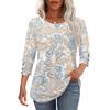 Women's Casual Loose Fit Top Round Neck Three Quarter Sleeve Blouse Button Detail Lightweight Fabric Relaxed Fit