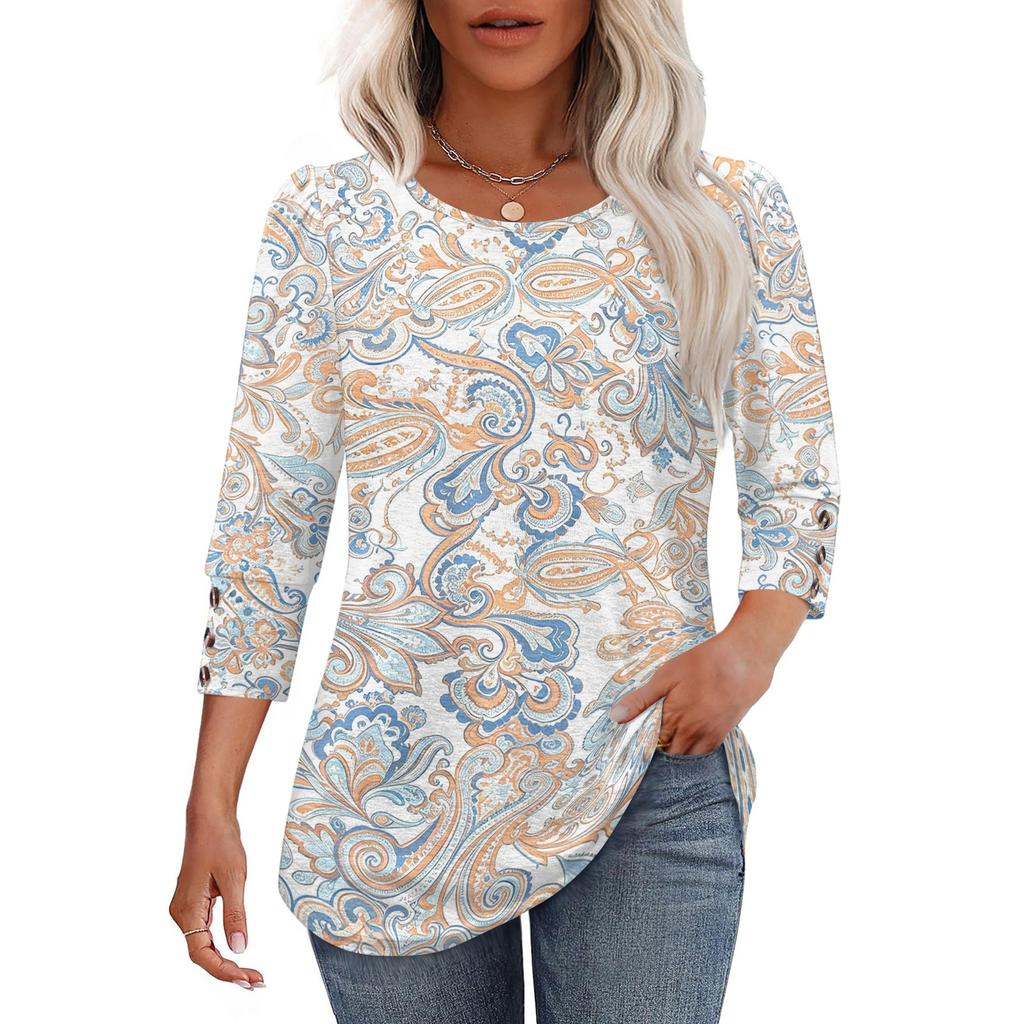 Women's Casual Loose Fit Top Round Neck Three Quarter Sleeve Blouse Button Detail Lightweight Fabric Relaxed Fit