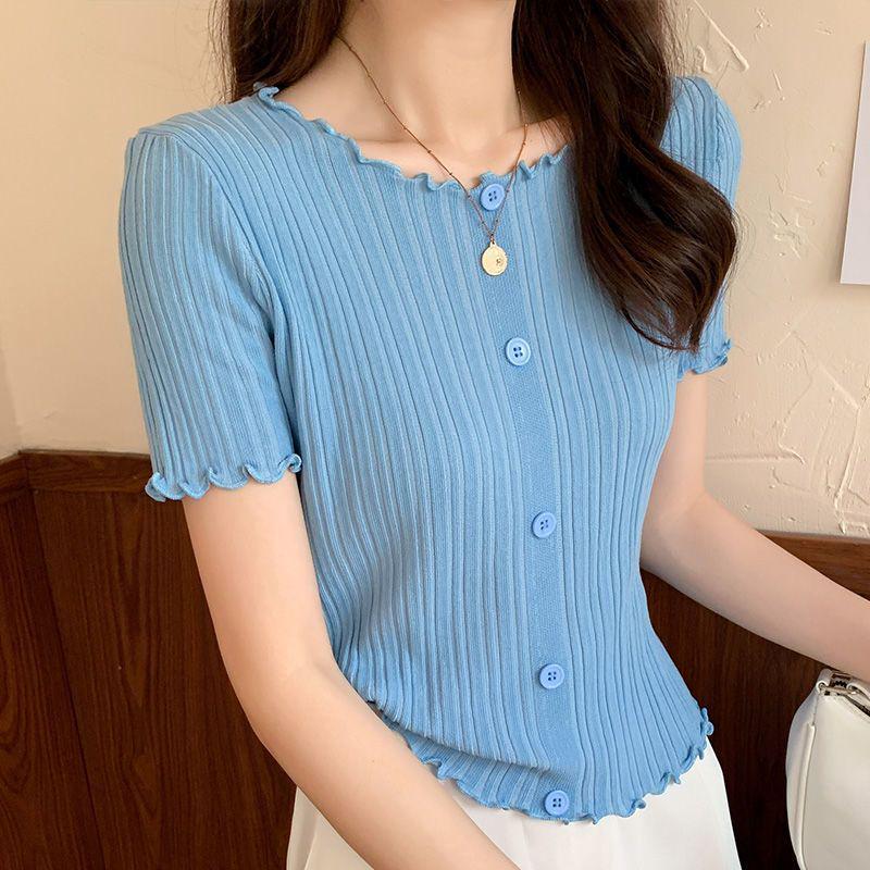 

Женский однотонный кроп-топ с высокой талией 2025 – Приталенная трикотажная футболка с короткими рукавами и оборками S синий