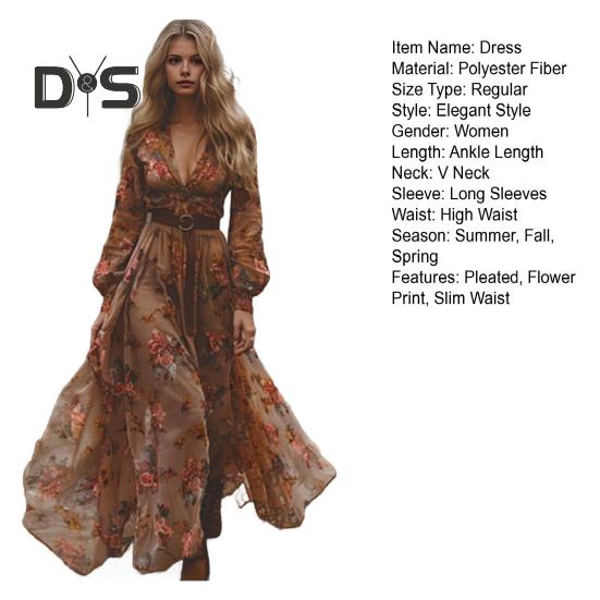 Spring Fall Dress V Neck Digital Floral Print Pleated A-line Maxi Dress Long Sleeves Beach Dress for Party Travel
