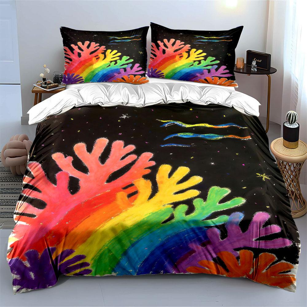 Rainbow coral, starry background. Bedding sets Duvet cover sets Duvet covers Pillowcases(1 * Duvet Cover 2 * Pillowcases without duvet insert)