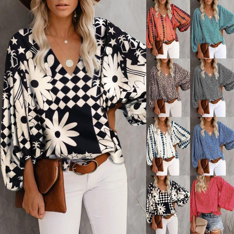 Summer V Neck Printed Lantern Sleeve Loose Fit Shirt