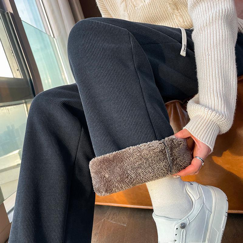 Calças femininas de inverno com elástico na cintura e forro de lã grossa, calças casuais de veludo cotelê com perna reta e quentes